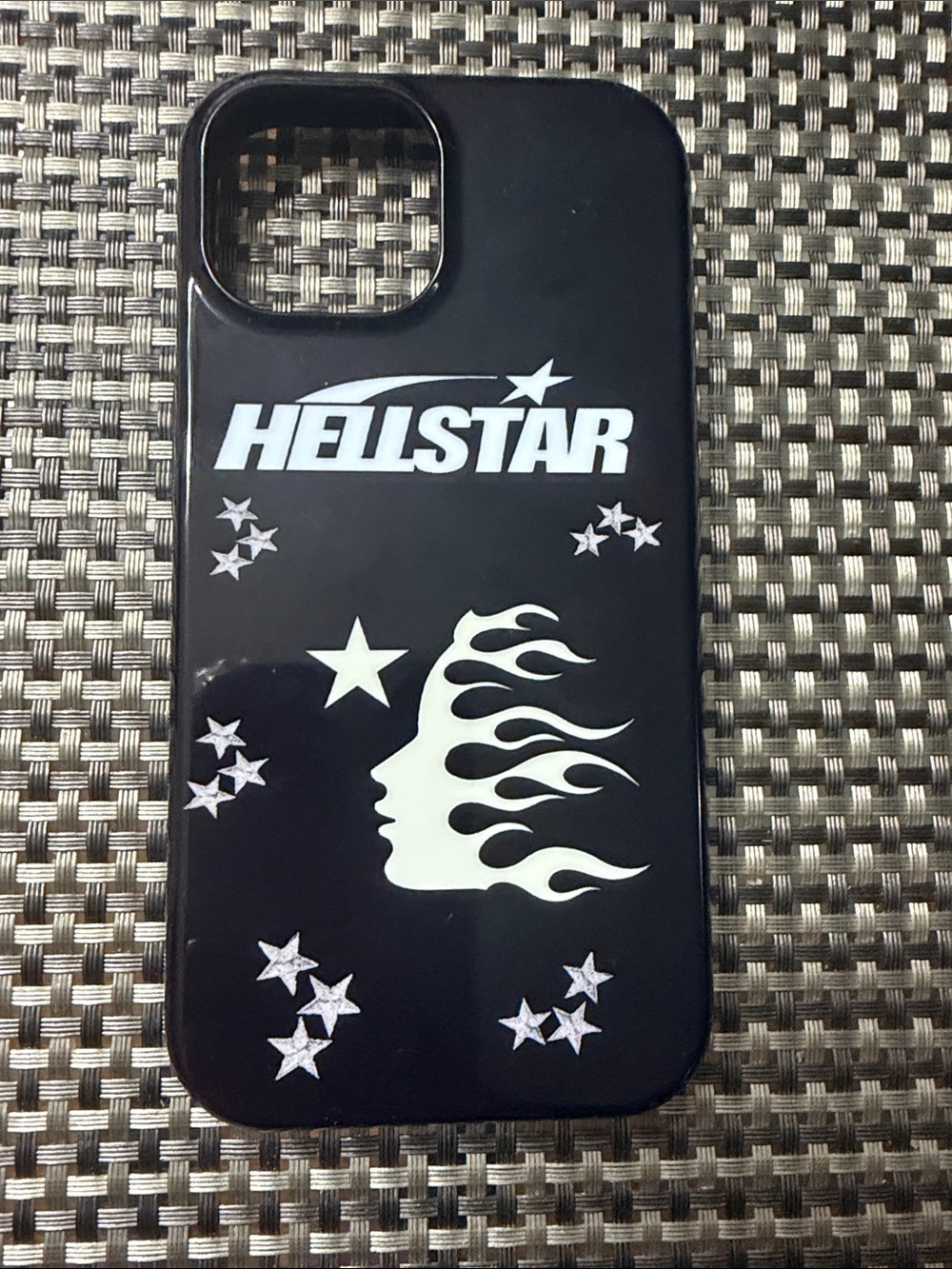 Hellstar Black Phone Case with White Flame Profile and Stars